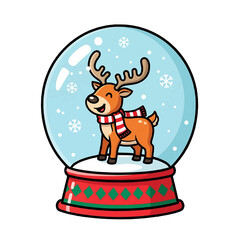 A delightful festive cartoon deer in a snow globe, with snowflakes falling around it. The deer is wearing a scarf and has a joyful expression