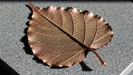 Detailed metallic leaf sculpture with intricate veins illuminated by natural light on a textured stone surface.