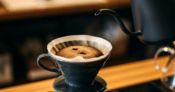 Pouring hot water into a coffee dripper to brew fresh coffee