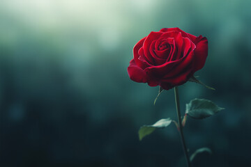 A perfect red rose glows in soft light, representing everlasting love, passion, and the timeless elegance of nature.