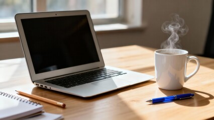 Fototapeta premium Silver laptop computer with a black screen sits beside a steaming hot beverage in a white mug on a wooden office table.