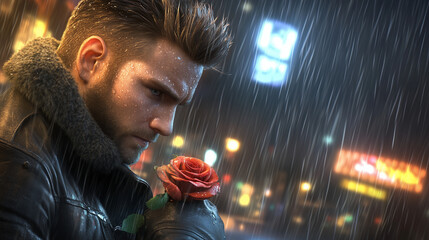 A man grips a rain-soaked rose, battling pain and love under stormy city lights, caught between memory and goodbye.