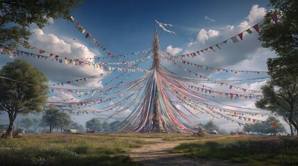 Colorful Ribbon Maypole in Sunny Meadow