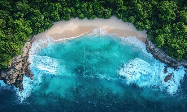 Aerial view of a secluded tropical beach with turquoise ocean and lush green forest