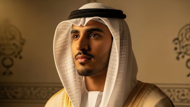 Young arab man wearing traditional ghutra and agal looking thoughtfully indoors under soft warm light