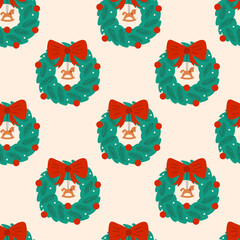 Seamless pattern with Christmas wreath, red bow, and horse.  Vector