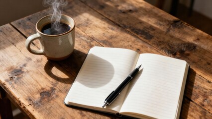 Steaming black coffee in a speckled beige ceramic mug resting beside an open lined journal and black pen on a rustic brown wooden table.
