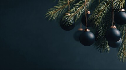 Dark green christmas tree with black and gold baubles on spruce branches, dark background, copy space, close up view, perfect for festive banner design and holiday themed layouts.