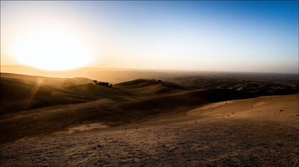 expanse. Twin suns setting over vast desert dunes during golden hour. travel magazines, destination branding, designed for travel destination branding, used by data analysts.