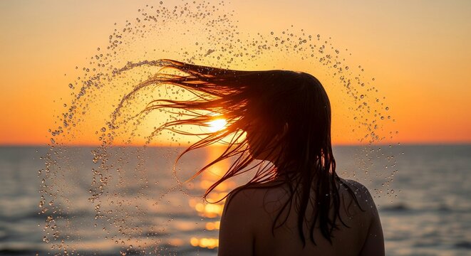A person is captured from behind, silhouetted against a brilliant orange and golden sunset over the ocean, as they dynamically flip their wet hair, creating an arc of sparkling water droplets. The