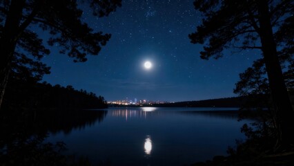 Full moon shines over a tranquil dark lake reflecting distant urban skyline lights framed by silhouetted pine trees against a starry night sky.