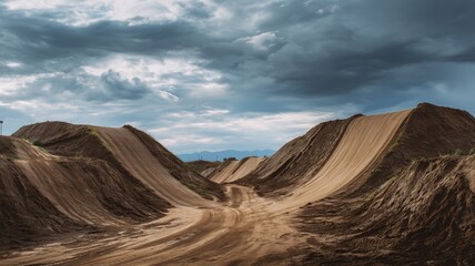 Fototapeta premium Section of the monster truck track with massive dirt ramps and clear tire marks, capturing the scale and rugged detail of an outdoor dirt racing course