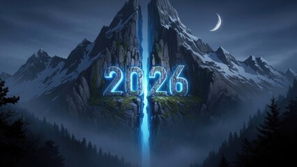Futuristic digital year 2026 glows intensely blue embedded within a massive, dark, snow-capped mountain range split by a deep, luminous chasm under a crescent moonlit night sky suggesting a significa