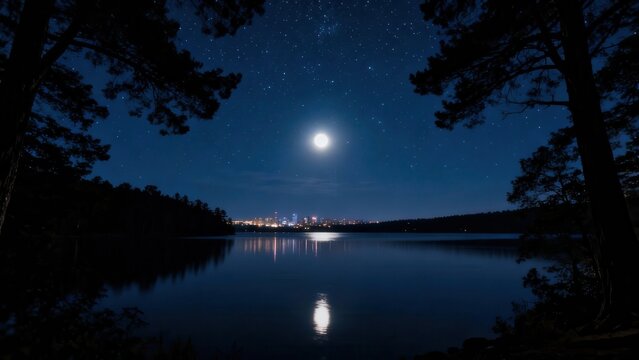 Full moon shines over a tranquil dark lake reflecting distant urban skyline lights framed by silhouetted pine trees against a starry night sky. - Powered by Adobe