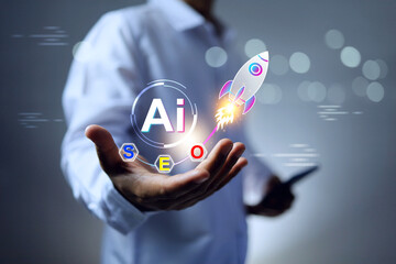AI SEO artificial intelligence search engine optimization concept with a man holding rocket to...