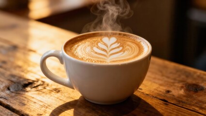 Steaming cappuccino coffee with detailed foam art illuminated by warm natural sunlight on a dark rustic wooden counter.