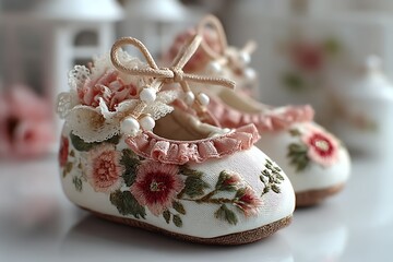 Exquisite baby shoes with floral embroidery, delicate lace trim, and pearl accents