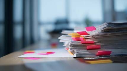 Stack of paperwork with vibrant pink and yellow sticky notes marking important pages on a bright table, creating a busy, yet organized office atmosphere.
