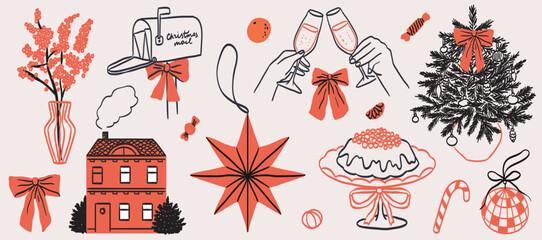 Cozy whimsical vintage new year home decor set in doodle line art print style. Christmas whimsy decorations with red bow and ribbons. Hand drawn ink winter holiday party invitation card elements.