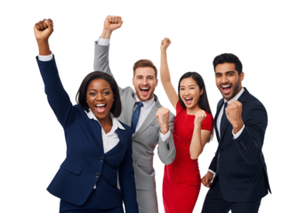 Happy business team celebrating success isolated on white or transparent background