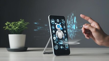 Hand Tapping Ai Icon Floating Above Smartphone Displaying Robot in White Pot with Green Plant on Desk Against Dark Gray Background - Powered by Adobe