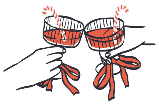 Hands hold two champagne, martini or cocktail glasses. Cheers, cin cin hand drawn ink sketch. Vector illustration for xmas poster, card, party invitation family dinner, Christmas, New Year bar menu.