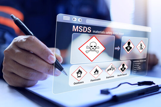 msds material safety data sheet concept with chemical safety staff checking information and chemical property toxic inhalation respiratory on virtual document on working desktop