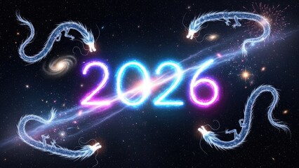 Neon numbers displaying the year 2026 glow brightly with vibrant blue and purple light across a dark interstellar backdrop featuring swirling galaxies and four luminous crystalline dragons composed o