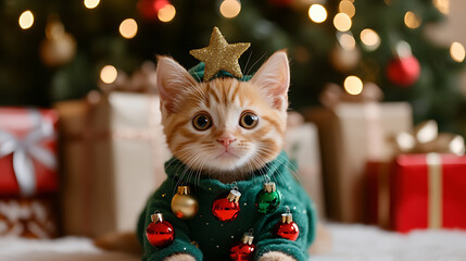 Festive feline joy: A ginger kitten dressed for Christmas, with a star hat and ornament-adorned sweater, spreading holiday cheer near a twinkling tree.