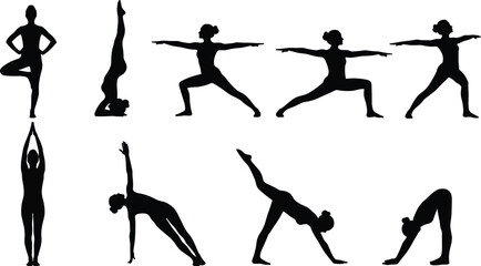 Female yoga poses silhouettes set, vector illustrations of sitting, standing, and inverted positions, wellness, stretching, and fitness exercise concept, spiritual peace.