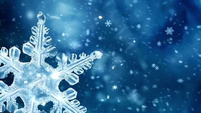 Close-up snowflake detail against a blue frosty backdrop with twinkling icy atmosphere. Clean frost