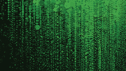 Obraz premium Abstract background featuring a dynamic pattern of green dots and splatters creating a digital matrix or dripping paint effect on a dark surface.