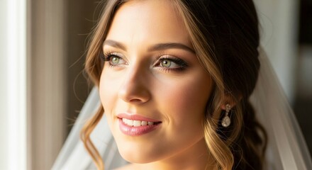 A radiant close-up portrait of a young woman, likely a bride, with a gentle smile and captivating green eyes. She is adorned with soft makeup, styled hair, and a delicate veil, looking thoughtfully