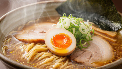 Steaming hot ramen bowl with rich broth, sliced chashu pork, soft-boiled egg, noodles, scallions, and nori, captured in detailed close-up for a warm comforting food presentation.