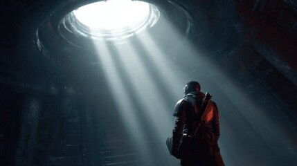 Astronaut Standing Inside Dark Industrial Tunnel with Bright Light Beam Through Circular Opening