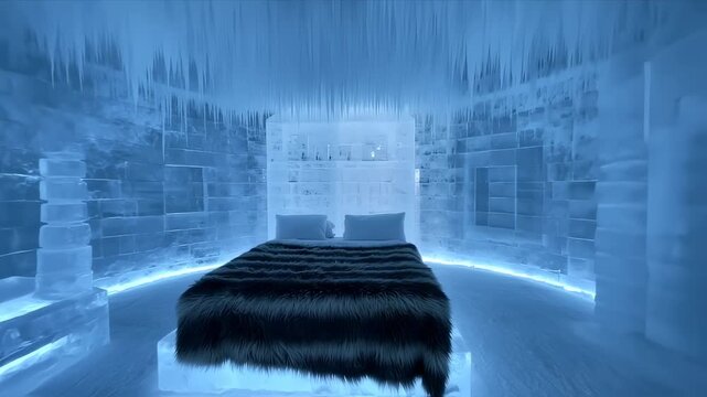 Luxurious Ice Hotel Room with Bed and Blue Lighting.