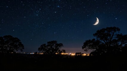Fototapeta premium Countless white stars sparkle across the deep blue night sky above a thin crescent moon and dark silhouette trees framing distant city lights.