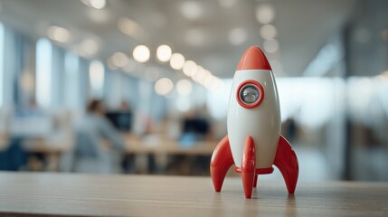 Toy rocket model with red accents is placed on a wooden desk in a modern office environment, symbolizing creativity and innovation in a workspace setting
