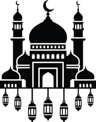 Elegant black silhouette of a mosque with crescent moon and minarets