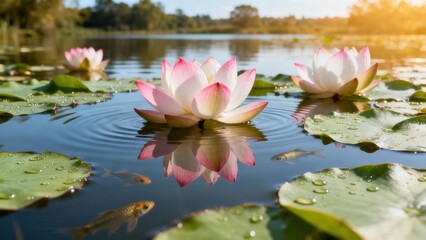 Pink tipped white lotus flowers floating on dark pond water among broad green leaves with small reflective golden fish.
