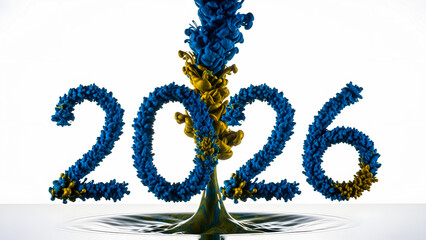 Obraz premium Liquid Ink Forming the Year 2026 in Blue and Yellow with a Splash