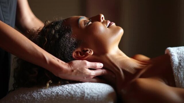 Black woman receiving a relaxing neck massage at a spa.