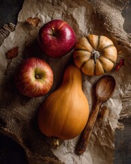 Rustic Autumn Flatlay with Red Apples, Butternut Squash and Wooden Spoon on Craft Paper