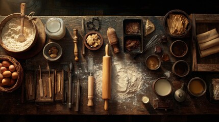 Vintage Farmhouse Baking Table with Flour, Eggs, Utensils and Holiday Cookie Ingredients