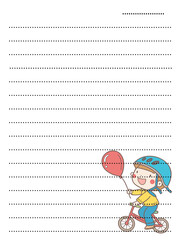Handwriting practice sheet of exercise book for kids learning to ride a bike.