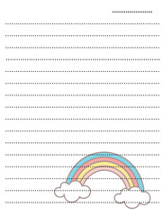 Notebook with clouds and rainbow. Handwriting practice. Vector illustration.