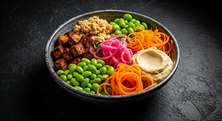 A vibrant and colorful Buddha bowl filled with various healthy ingredients, photographed from an overhead angle against a dark textured background. The bowl contains golden-brown crispy tofu cubes,