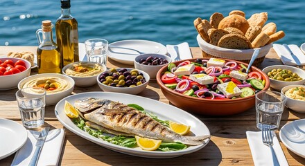A vibrant Mediterranean feast is spread across a rustic wooden table, featuring a perfectly grilled whole fish, a large colorful Greek salad, bowls of creamy hummus, assorted olives, and a basket of