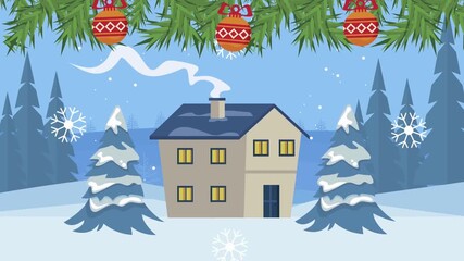 Snowy scene with a cozy house, glowing windows, pine trees, mountains, blue sky, and ornaments glow - Powered by Adobe