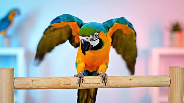 Vibrant Blue and Gold Macaw Parrot Spreading Wings and Preening